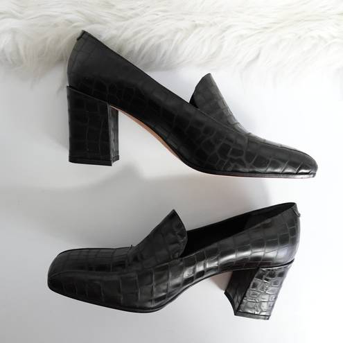 Via Spiga  90s Vintage Black Croc-Embossed Square Toe Leather Heeled Loafers