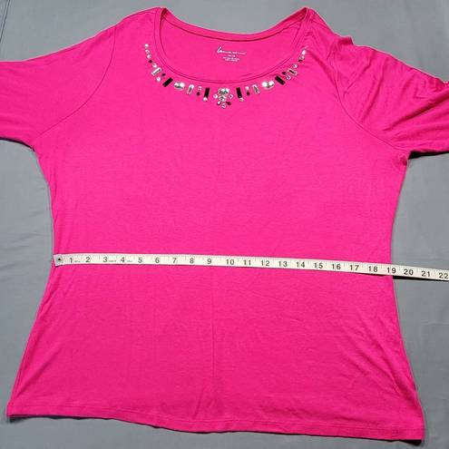 Lane Bryant  Women Shirt Size 14 Pink Stretch Preppy Beaded Scoop Chic 3/4 Sleeve