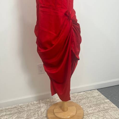 Pretty Little Thing Red Strappy Satin Gathered Midi Dress in Red