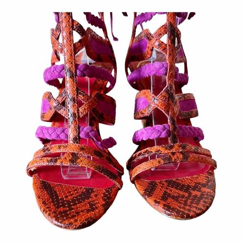 Brian Atwood  Felisa Sandals Mixed Media Strappy Braided Leather Orange Pink 7