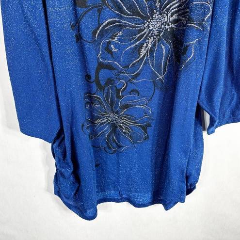 Fashion Bug  Plus Size 4X Top Blue Floral Sparkly Ruched Sides Metallic 1398