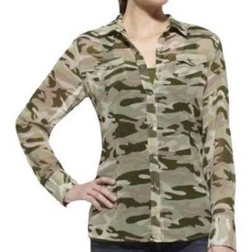 Ariat Button Down Chiffon Sheer Long Sleeve Green Camo Top  Size Small