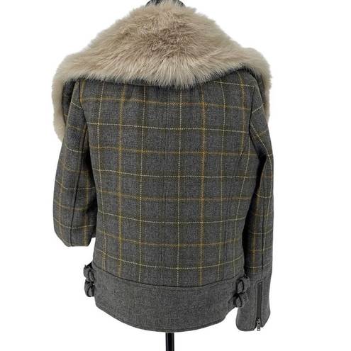 Banana Republic  Womens Faux Fur Coat Jacket Plaid Lined Zip Up Gray Yellow Small