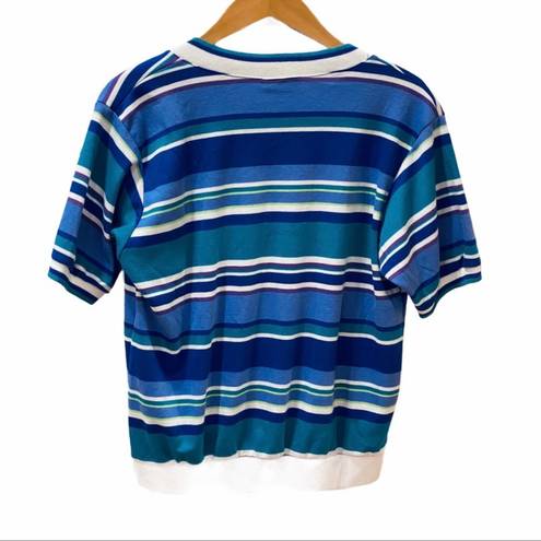 Jantzen Retro 80s Varsity Striped Top Vneck Blue Green White S Relax Fit