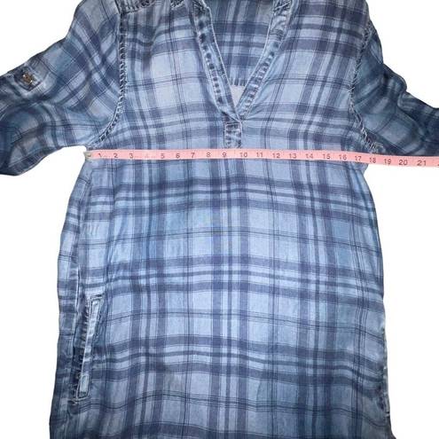 Beach Lunch Lounge Womens Blue Plaid Denim Chambray Roll Tab Sleeves Dress Sz XS