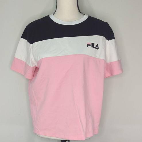 FILA  Tee Shirt Short Sleeve Crew Neck Black White Pink Colorblock Cotton Top L