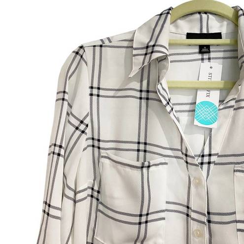 Fortune + Ivy  Christelle Button Down White Plaid Blouse Sz M NWT