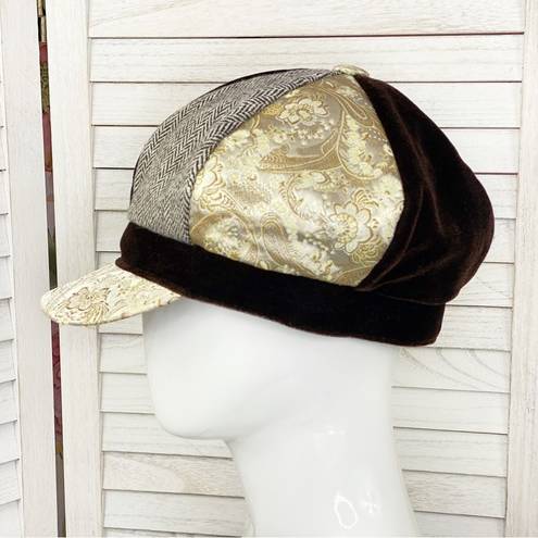 Krass&co August Hat  Paper Boy Cap Velvet Brocade Tweed Brown Gold
