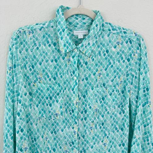 Charter Club  Women 100% Linen Button Front Pastel Sea Horse Shirt Top Aqua Sz M