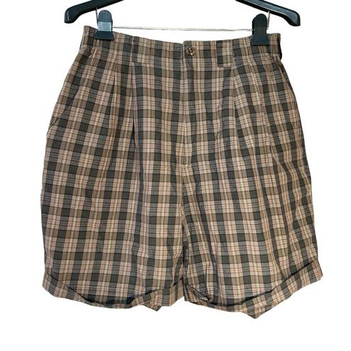 Bermuda Vintage Bogner Plaid Pleated Roll Cuff Mom  High Rise Shorts Tan