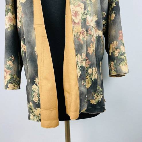 Solitaire  Faux Suede Gray Brown Floral Print Open Front Cardigan Women's Large L