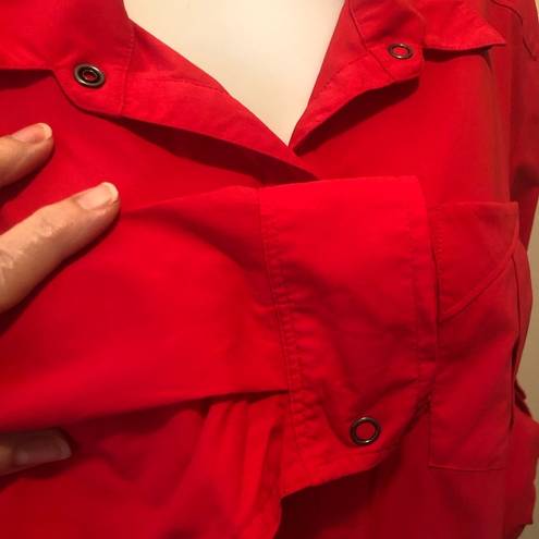 Rei Co-op REI Hiking Top Blouse Sz. XL Red Full Snap Chest Pockets Roll Tab Sleeve Stretch