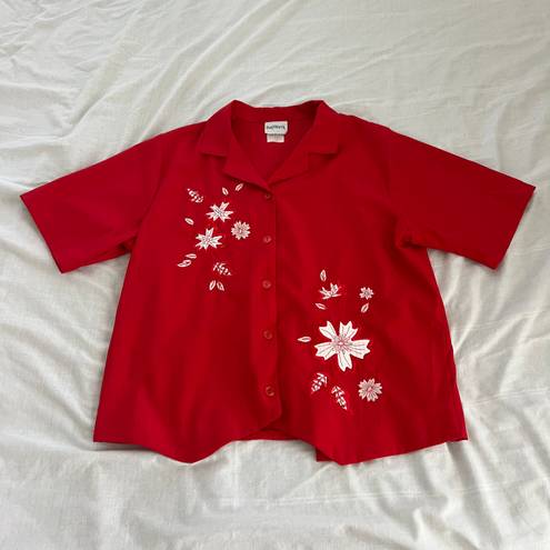 Bonworth red embroidered short sleeve button down top Size L Condition: Perfect Color: red/white  Details : - See photos for approx. measurements laying flat - Button-down  - Self-tie on the back  - Can be styled in many ways Extras:  - I ship between 1-2 days