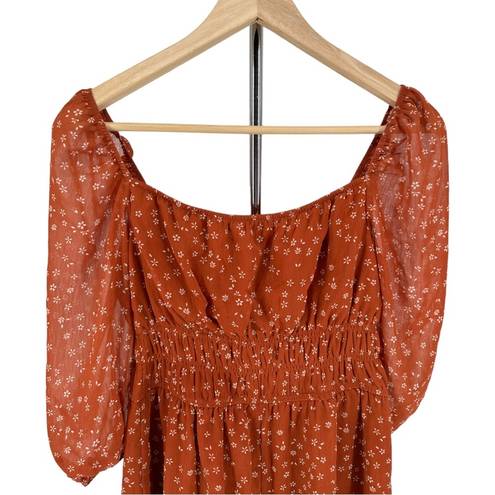 The Row  A Rust Mini Floral Smocked Waist Elbow Sleeve Mini Dress size Medium