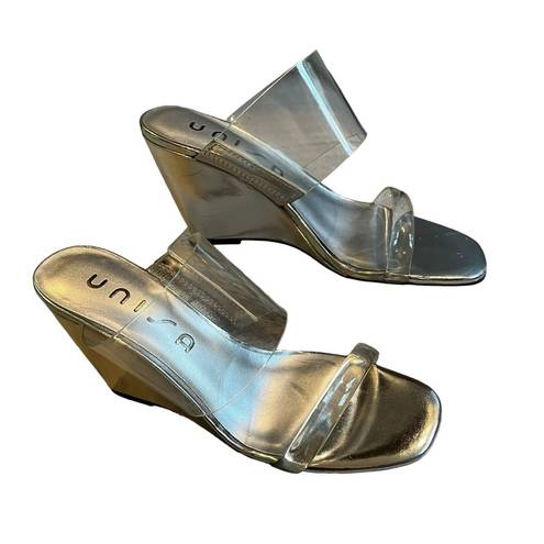 Unisa  Nietra Clear Lucite & Silver Wedge Slide Sandal, Sz 6