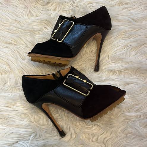 L.A.M.B. Black Suede Leather Peep Toe Pumps