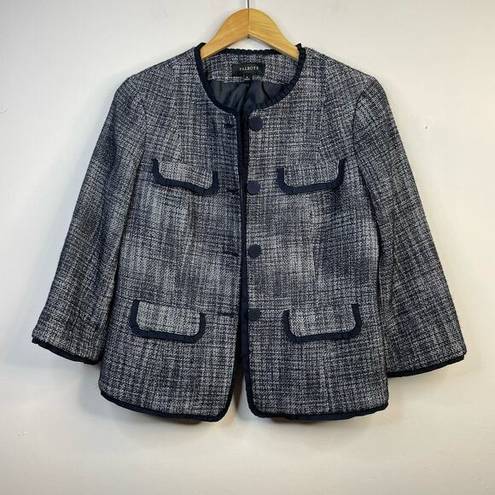 Talbots Classic Preppy Navy Blue Tweed Ruffle Blazer Jacket Cotton Wool womens 8