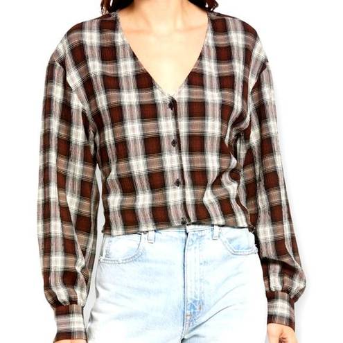 Treasure & Bond  Plaid V Neck Button Up Long Sleeved Red White & Brown Boho Shirt