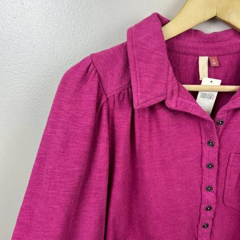 Pilcro  Anthropologie Puff Sleeve Blouse Size XS Raspberry Pink Henley Tie Sleeve