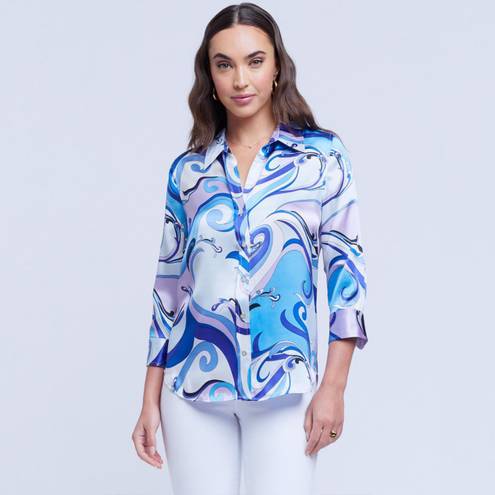 L'Agence L’Agence Dani Silk Blue Swirl Button Front Blouse