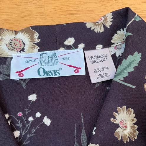 Orvis  Women Easy Blouse Floral Printed Short Sleeved Camp Brown Shirt, Size M