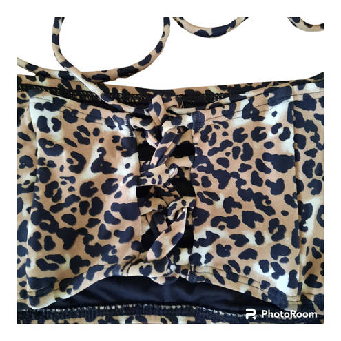 Relleciga  Leopard Print Adjustable Back Lace Up Bandeau Bikini Swim Top