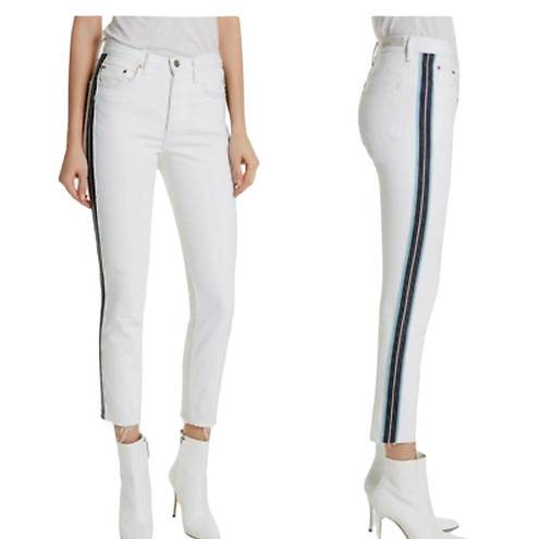 GRLFRND NWT  White Cropped High Rise Jeans Blue Stripe Raw Hem 24 2