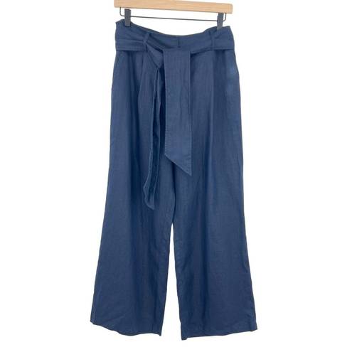 Chelsea28  navy blue 100% linen wide leg cropped belted pants size 10 NEW