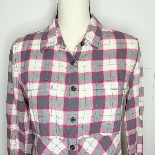 We The Free  Womens XS Pink & Gray Plaid Button Front Collared Long Sleeve Shirt