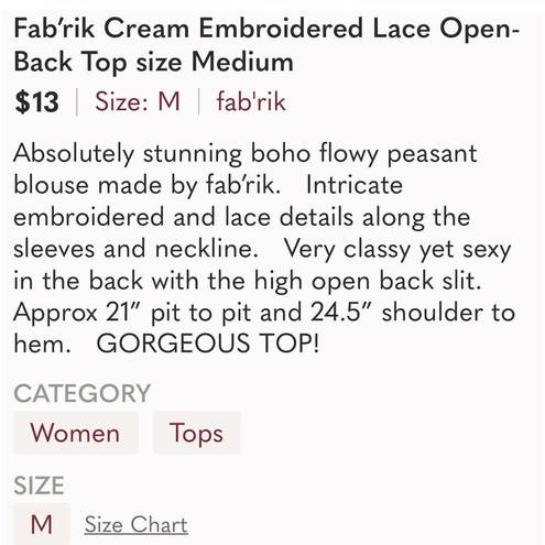 fab'rik Fab’rik Open Back Lace and Embroidered Cream Top size Medium