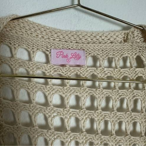 Pink Lily  Cream Long Open Knit Crochet Cardigan Size S