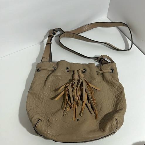 Treasure & Bond  Taupe Leather Tassel Drawstring Bucket Bag Crossbody Bag