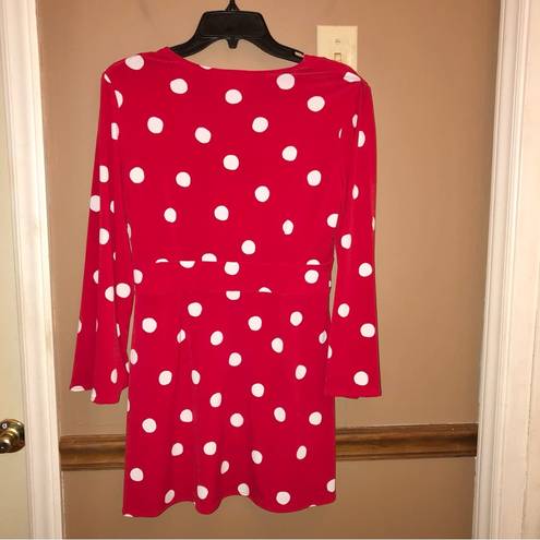 Oscar de la Renta  Faux Wrap Polka Dot V Neck Tunic Red White Medium