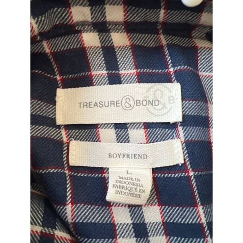 Treasure & Bond  Destroyed Boyfriend Plaid Flannel Long Sleeve Shirt Women's Larg