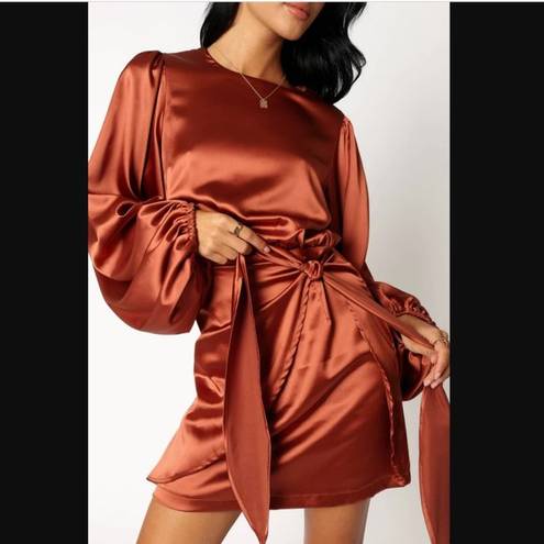 Petal and Pup  Opal Rust Satin Long Balloon Sleeve Wrap Mini Dress 8