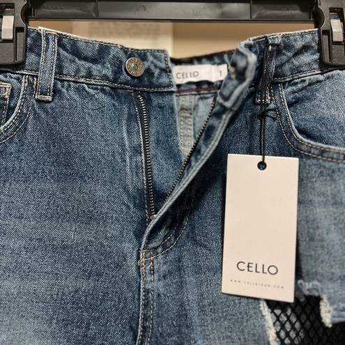 Cello Denim Ripped High Waisted Jeans with Black Mesh Fishnet