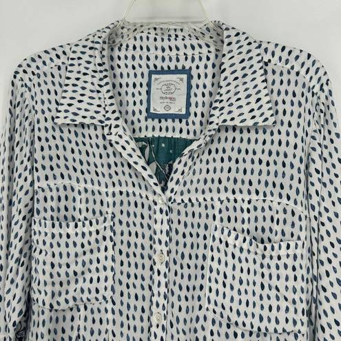 Style & Co  Boho Mixed Print Button Up Shirt White Teal Roll Tab Sleeves Size 1X