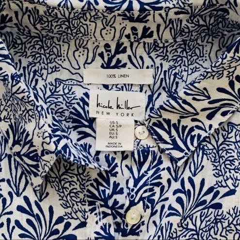 Nicole Miller  Top Blue White Coral Print Linen Short Sleeve Button Down Small