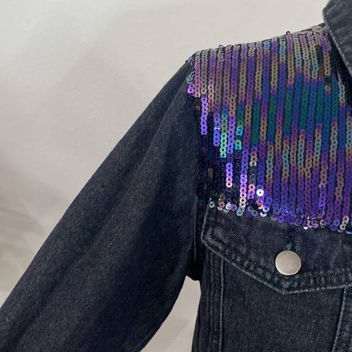 Le lis  shimmer and shine sequined cropped denim jacket with fringe hem size S