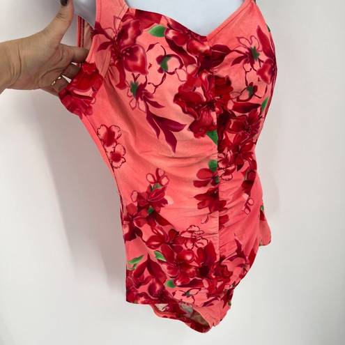 Maxine of Hollywood Vintage  Hawaiian Floral Red One Piece Swimsuit Size 18