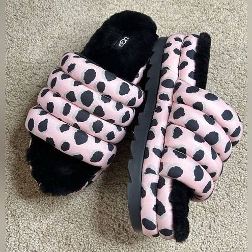 UGG  Maxi Tall Cheetah Print Soft Platform Slide On Sandals