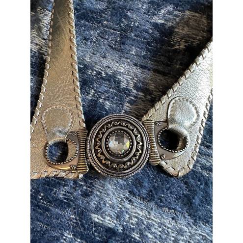 Chico's  Women's Wide Metallic Gold Leather Belt Silver Gold Gem Buckle Western