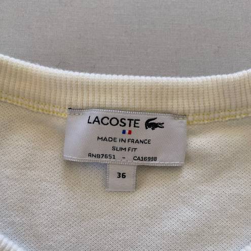 Lacoste  Top Womens 36 Small White Yellow Pique T Shirt Tennis Preppy Organic