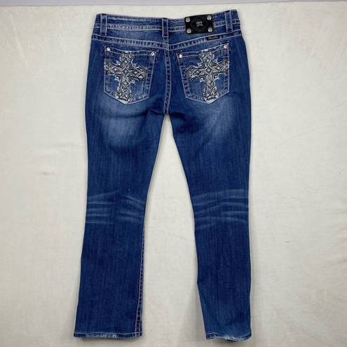 Miss Me Signature Boot Cut Cross Bling Distressed Dark Wash Blue Jean Size 31