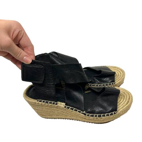 Eileen Fisher  Willow Espadrille Wedge Sandal Black Leather Size 6