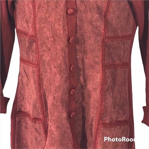 J.Jill  Rustic Red Crochet Wool Leather Patchwork Long Cardigan Sweater Jacket