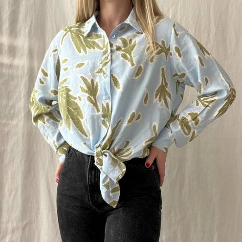 Joie  Blue & Green Leaf Pattern Tied Cropped Button Down Blouse - Medium