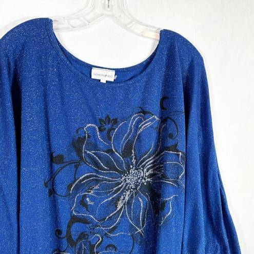 Fashion Bug  Plus Size 4X Top Blue Floral Sparkly Ruched Sides Metallic 1398