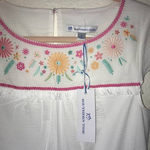 Southern Tide  Dress White Seersucker Embroidered Dress Sz 4 NWT Floral Fringe