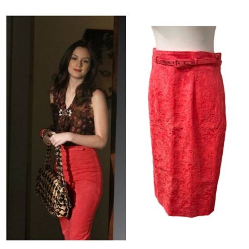 Catherine Malandrino ASO Gossip Girl Blair Waldorf Hot Pink Lace Print Floral Skirt with Belt Pencil
